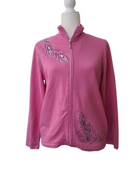 Onque Casuals Pink Zip-Front Jacket with Rhinestone Floral Detail